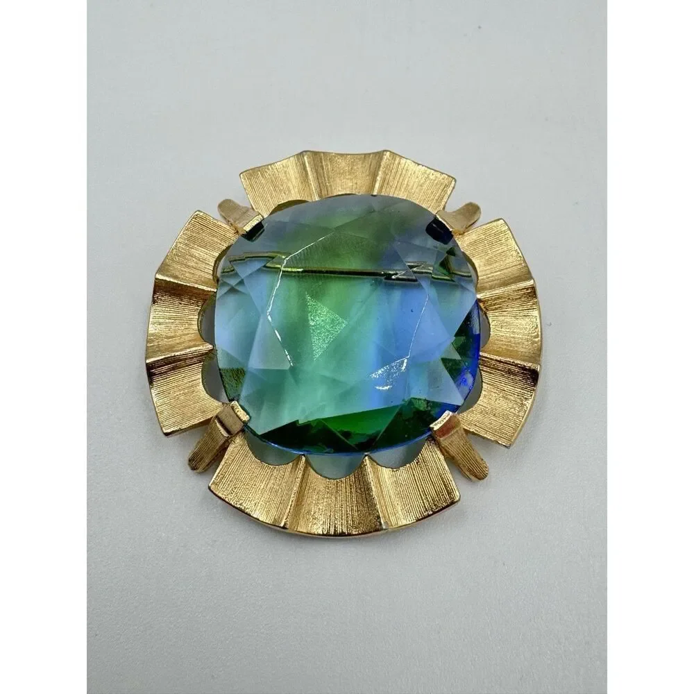 Vintage‎ Large Gold ToBlue Green Faceted Glass Rhineston Brooch Signed STAR